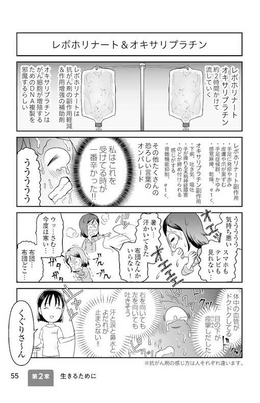 くぐりさんの抗がん剤点滴中は吐き気のほか、悪寒や火照り、血管の異常な収縮などの副作用が起こり、毒を流されているような感覚だったそう