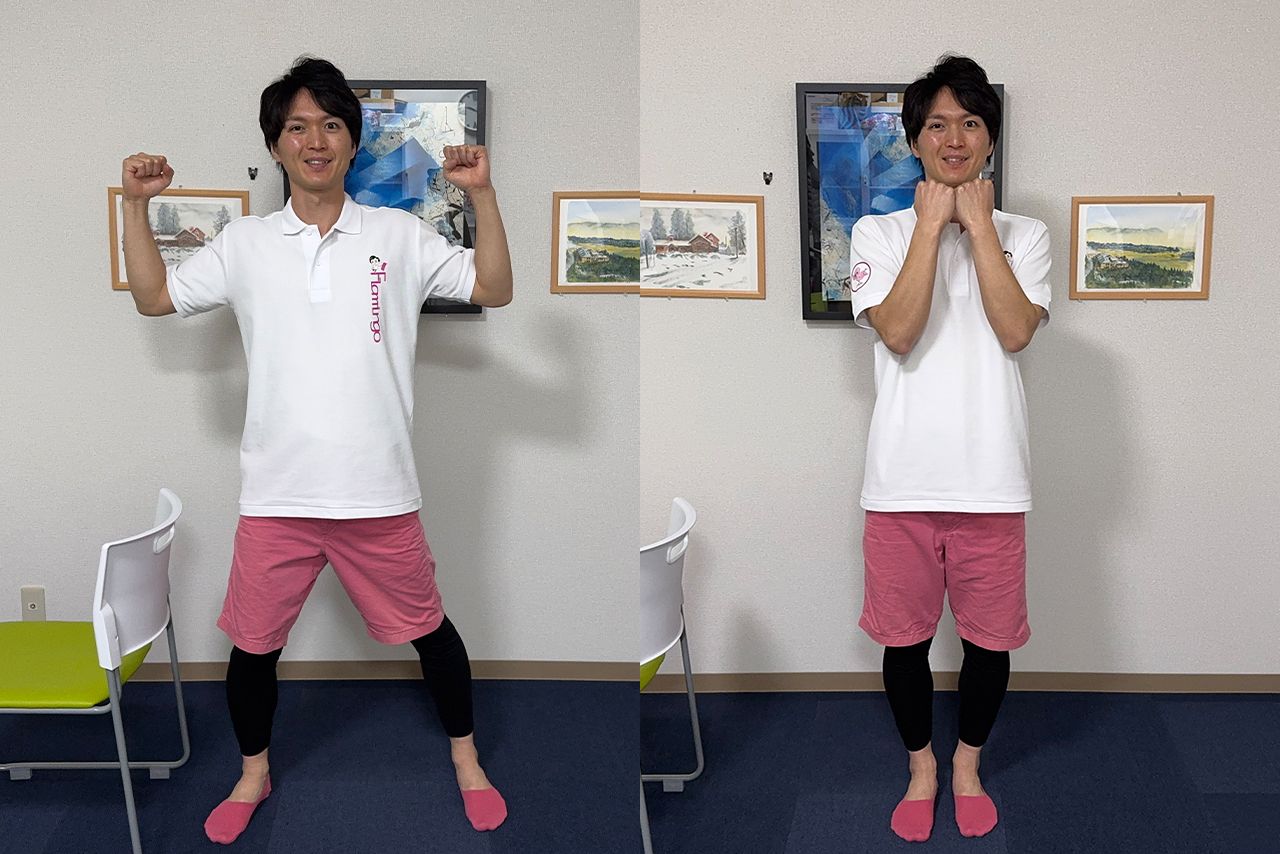 （2）サイドステップと腕の開閉［30秒］外もも（大腿筋膜張筋）が鍛えられる　腕を開くときは胸を張って大胸筋のストレッチも！