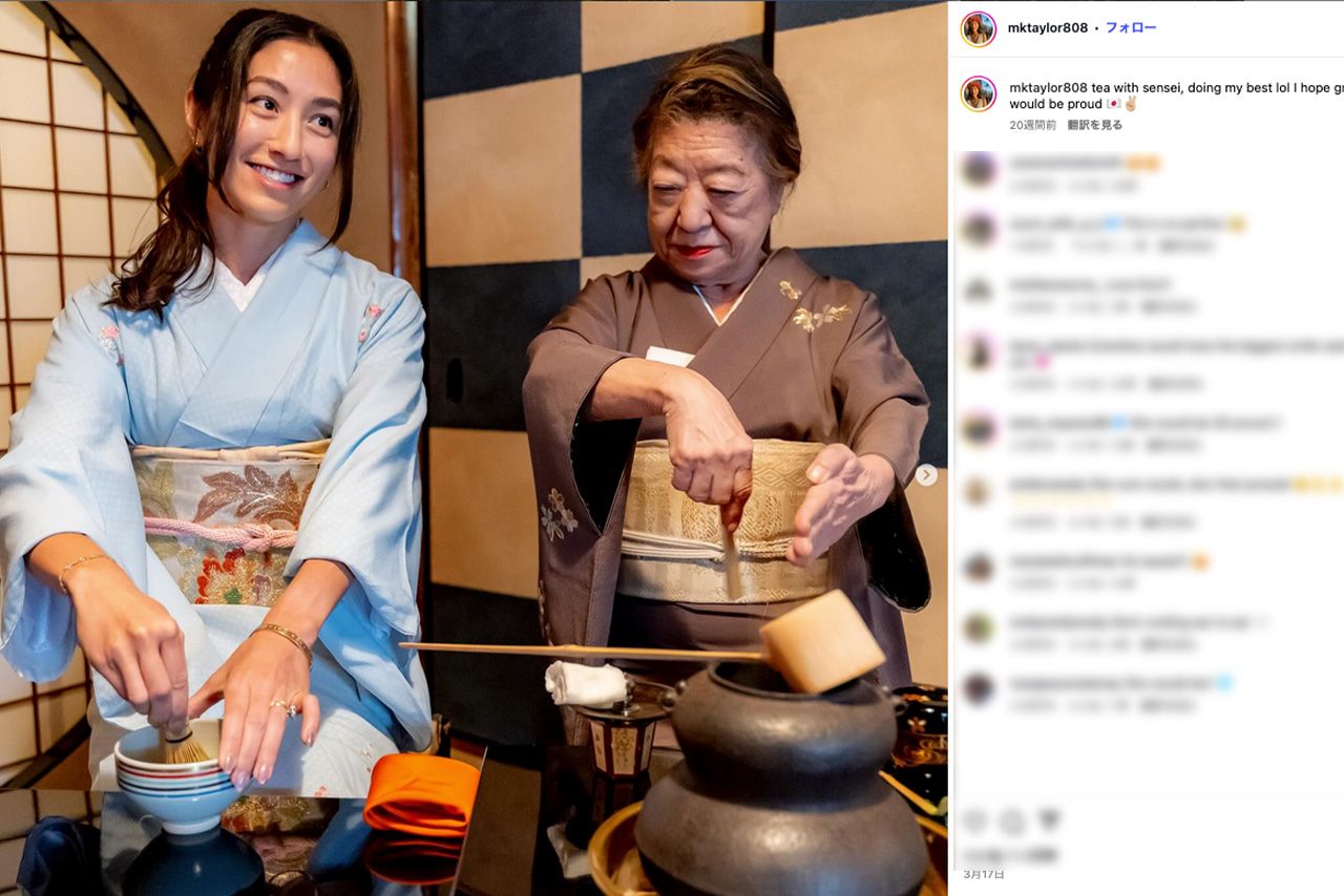 MLB東京シリーズで来日した際、着物姿で茶道に挑戦したメアリーさん（公式インスタグラムより）