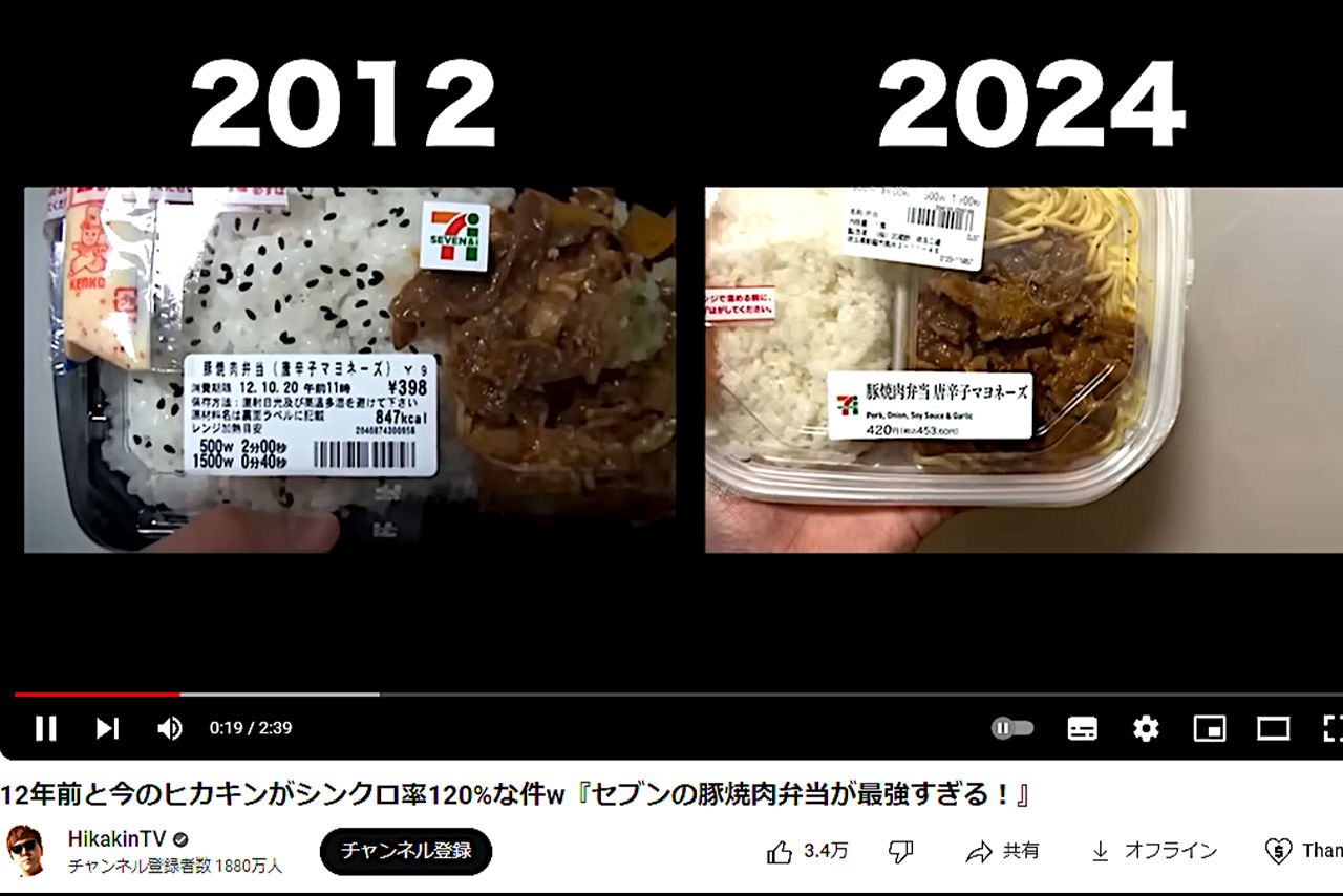 ヒカキンが投稿したセブンイレブンの弁当の比較。2012年とでは価格が異なるヒカキンのYouTubeより）