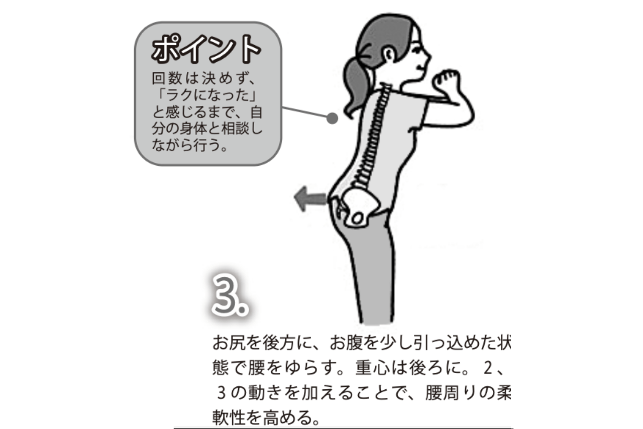 腰ゆらし：3. お尻を後方に、お腹を少し引っ込めた状態で腰をゆらす。重心は後ろに。2、3の動きを加えることで、腰周りの柔軟性を高める。