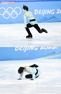 2022年北京五輪、壮大な『天と地と』の音楽とともに、4回転アクセルに挑んだ羽生結弦。転倒になるも手応えはよく「僕なりの4回転半はできた」という（JMPA代表撮影）