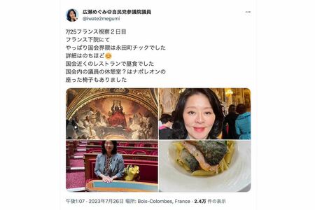 「ただの観光旅行」と批判が集まっている『自民党女性局』のフランス研修（広瀬めぐみ議員のツイッターより）