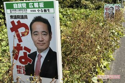 那珂川町に延びる道路脇には簗和生氏の3連看板が……