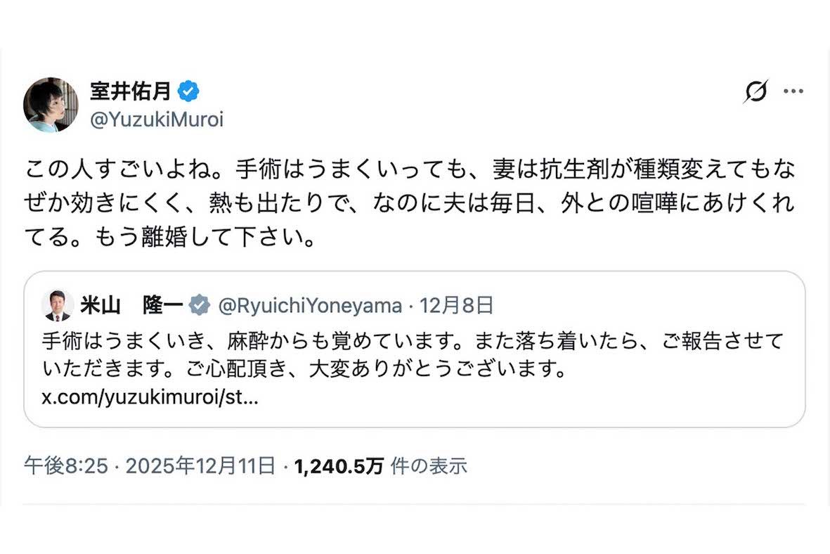 緊急手術後、夫の米山隆一議員に「離婚して下さい」と綴った室井佑月（本人のXより）