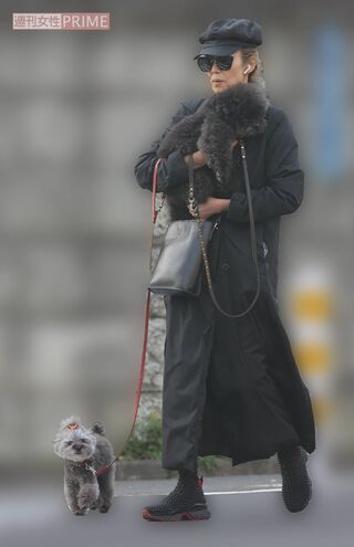 “全身ブラック”のコーディネート萬田久子。抱えているトイプードルもさながらファッションアイテムのよう
