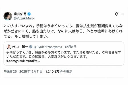 緊急手術後、夫の米山隆一議員に「離婚して下さい」と綴った室井佑月（本人のXより）