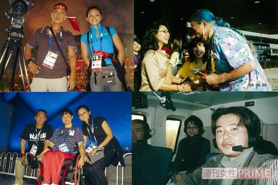 報道時代のカット。北京パラリンピック（左上）、'04年新潟中越地震のヘリ取材（右下）など、充実した日々を