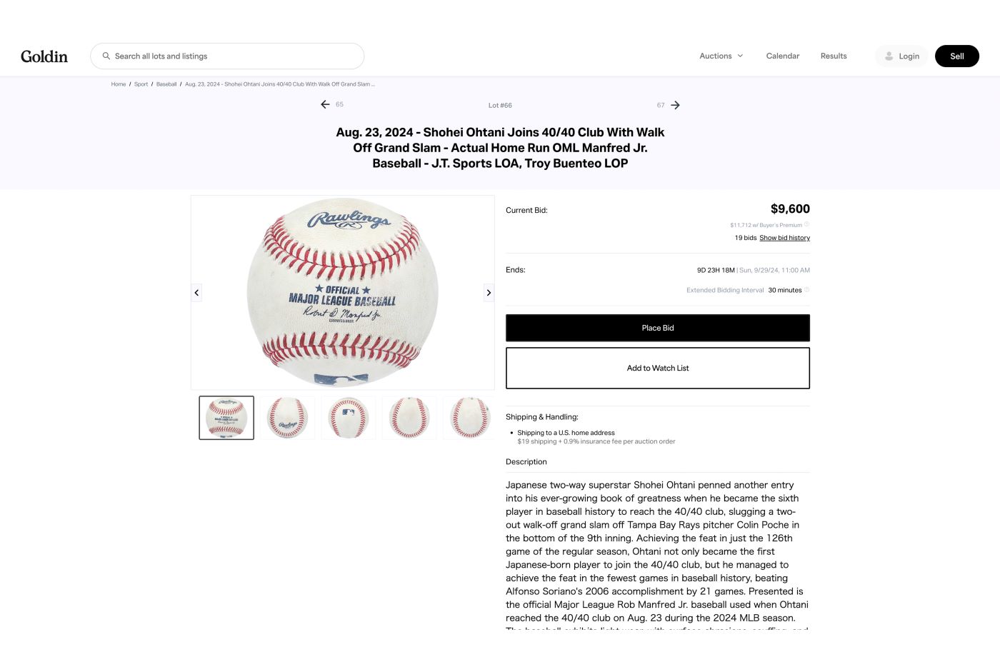 オークションに出品された“40-40”達成ボール（ゴールディンより）