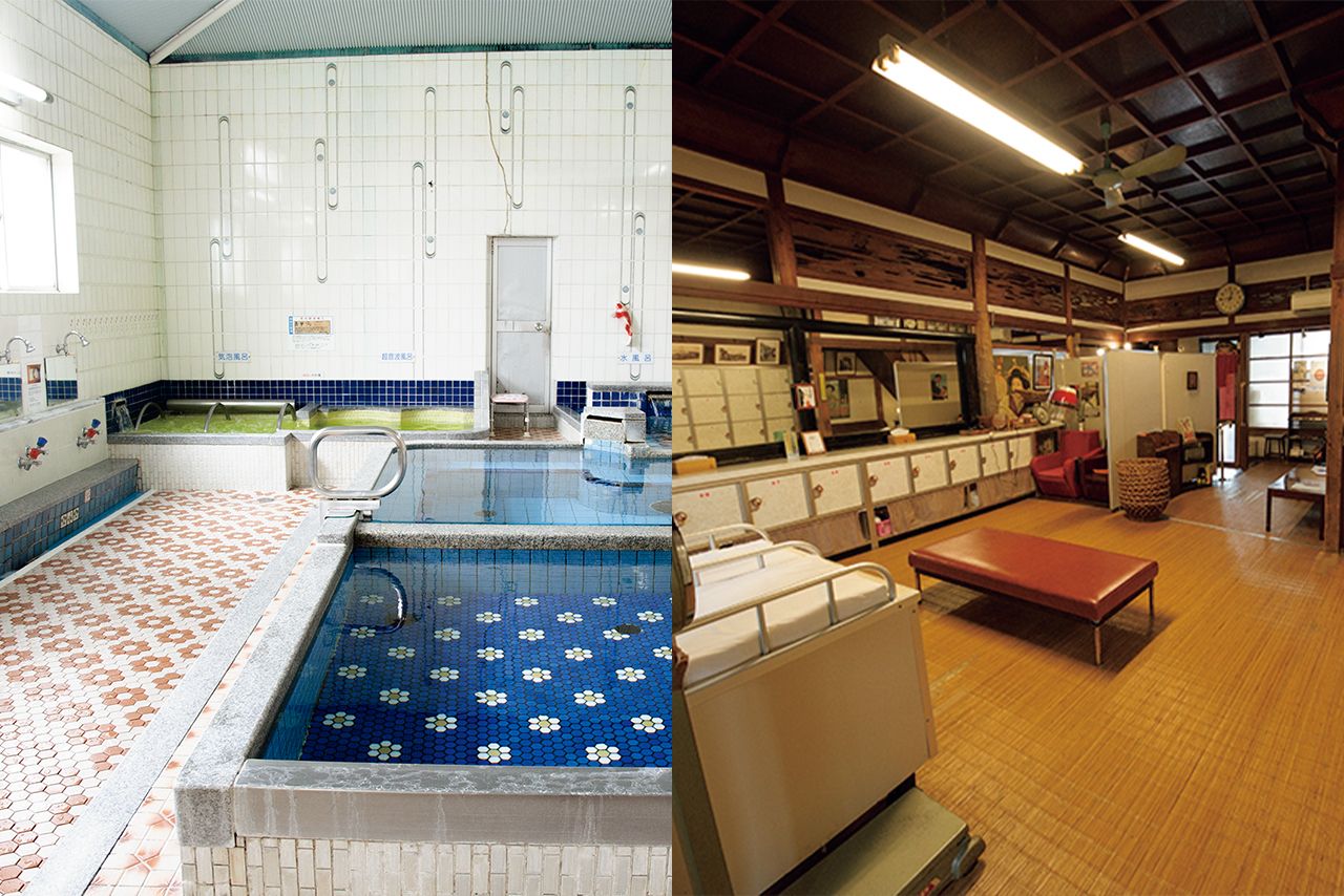 カラフルな花柄タイルがレトロ可愛い浴室は、気泡風呂・超音波風呂・水風呂が楽しめ、清潔な脱衣所には、昭和の時代によく見かけたおかま型のドライヤーやアナログ感たっぷりの体重計を設置