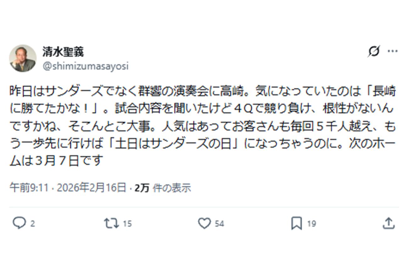 自チームを「根性がない」と綴った元群馬県太田市市長・清水聖義氏（本人Xより）