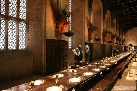 ホグワーツ城といったら、やっぱりこの大広間！　組分け儀式に始まり、魔法対決、ダンスパーティー……。その広大さ＆神聖さに鳥肌。各寮の衣装も展示（撮影／吉岡竜紀）