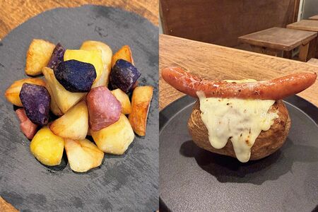 彩りフライドポテト600円（左）、「じゃがいも丸ごとグラタン」も人気（右）