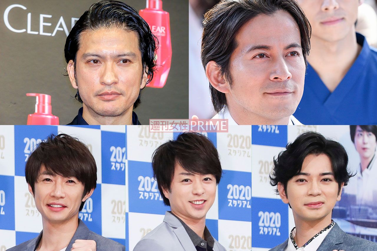 （写真左上から時計回りに）長瀬智也（TOKIO）、岡田准一（V6）、松本潤（嵐）、櫻井翔（嵐）、相葉雅紀（嵐）