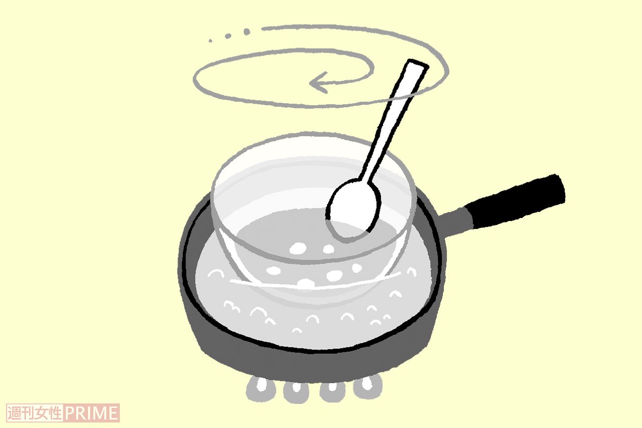 【自家製蜜蝋クリームの作り方】湯煎した蜜蝋にホホバオイルを足すだけ　イラスト／ふるやますみ