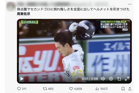 ヘルメットを地面に叩きつけるソフトバンク・周東佑京