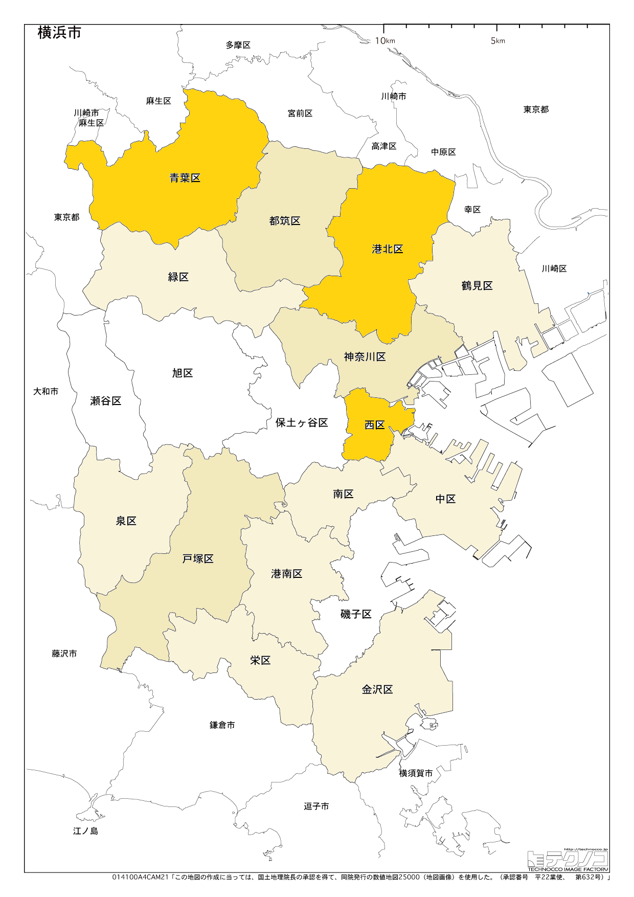 横浜市の進学率ランキング。地区別に色を塗り分けており、色が薄くなるにつれて進学率が低い（筆者作成）