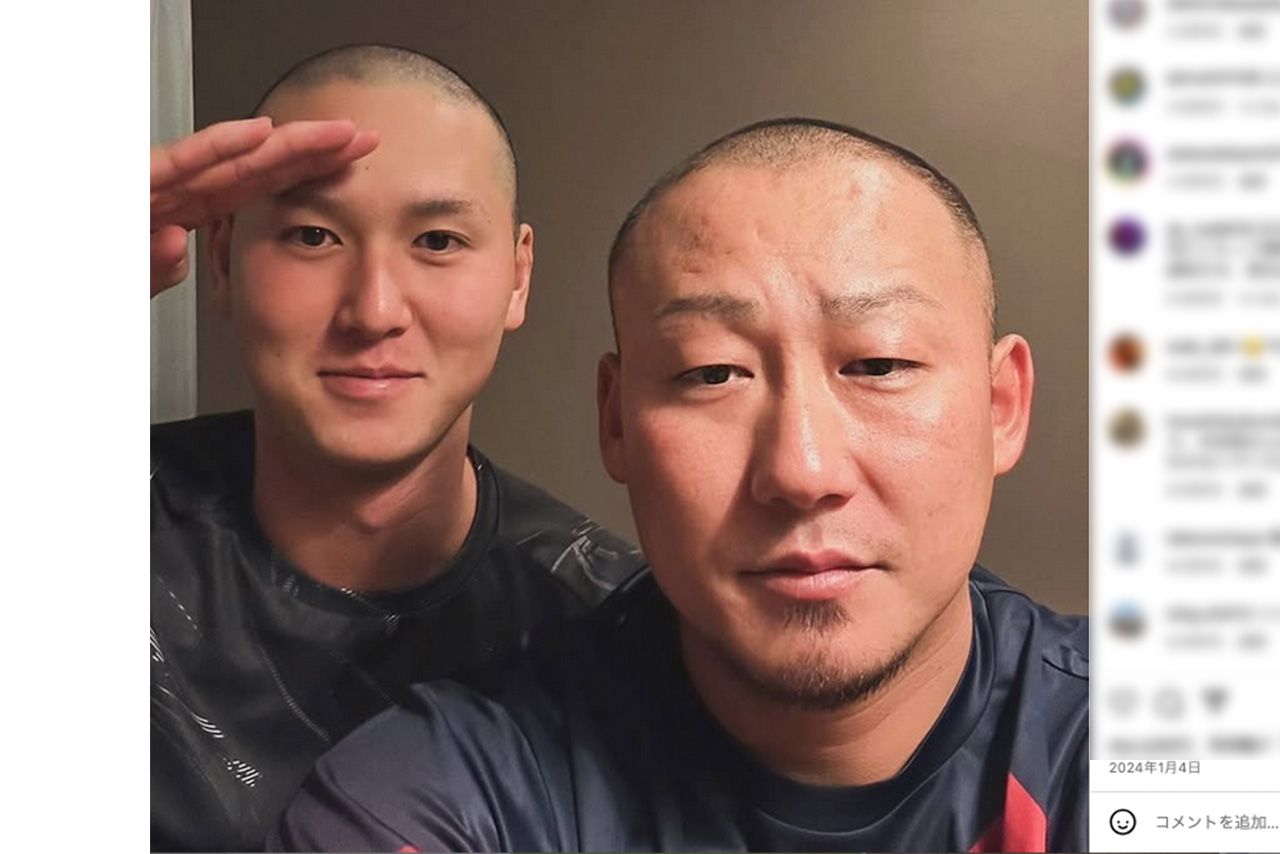 2024年、“師匠”中田翔と坊主頭に（秋広優人公式インスタグラムより）