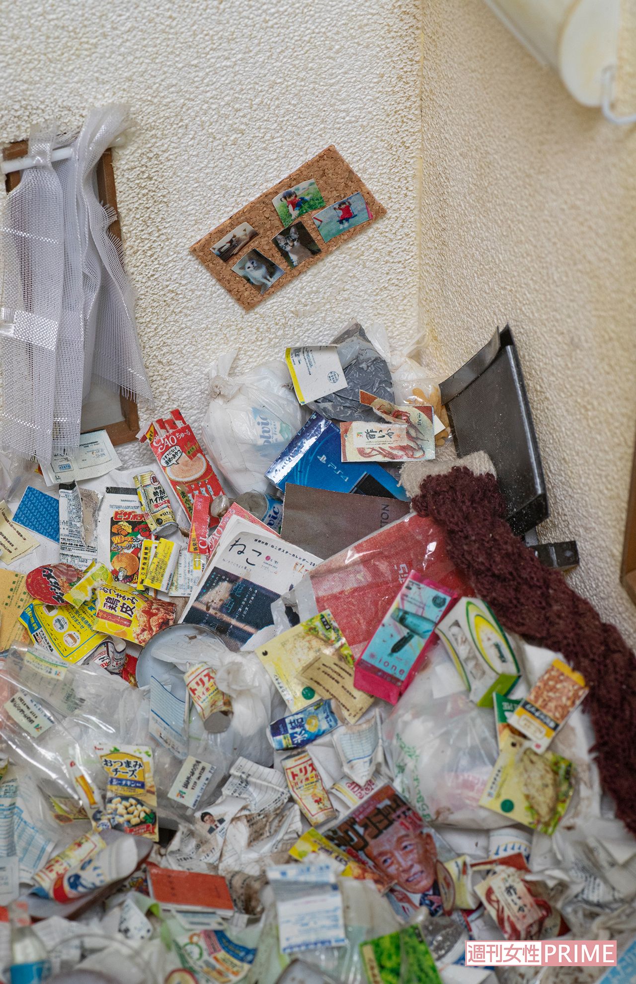 ゴミの中には猫の雑誌が埋もれていた。壁には思い出の写真が飾られている