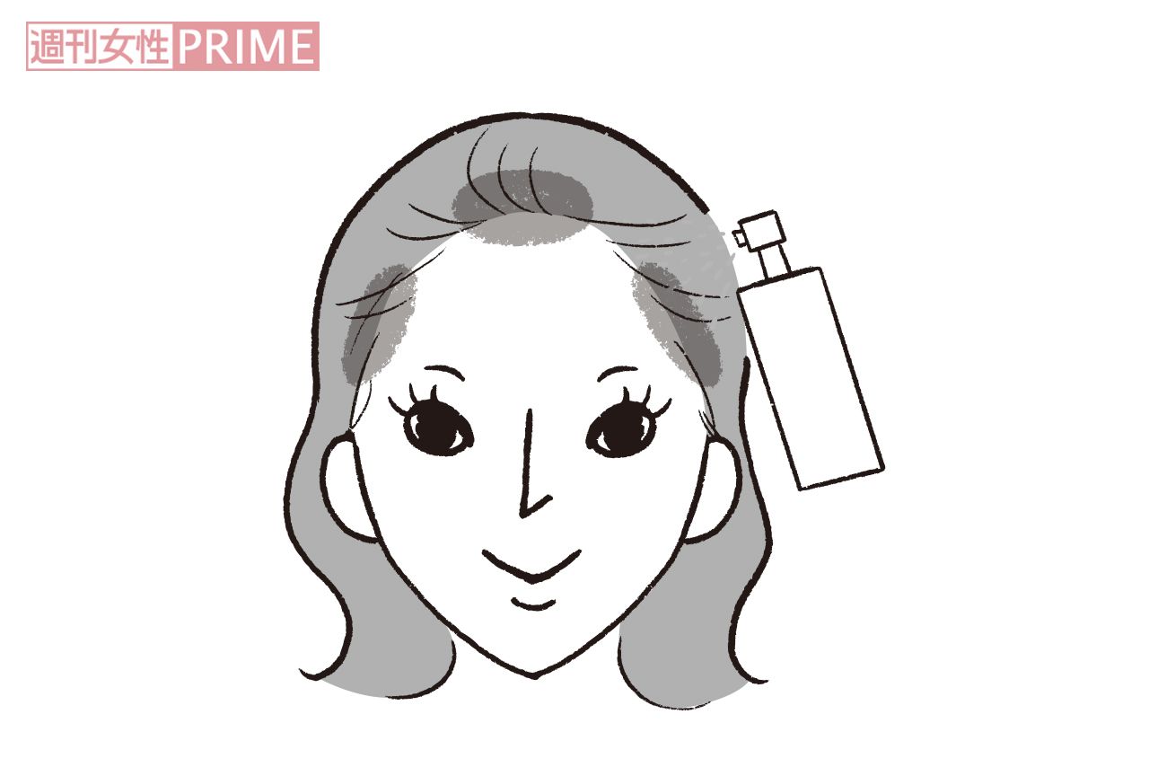 スッキリテク4　汗でヘアが崩れたり、においが気になるときはドライシャンプーを生え際にシュッ。髪もふわっと立ち上がる。　イラスト／スヤマミヅホ
