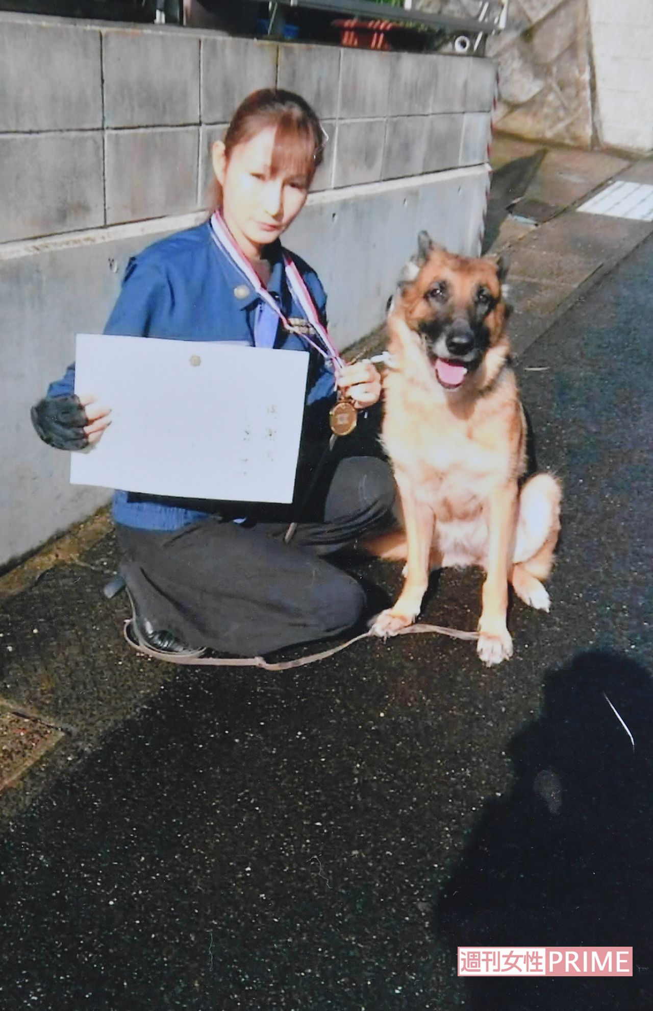 8年間、警察犬として頑張ったシェパードのグレースとはさまざまな現場を駆け回った。松尾さんは左の写真を今でも自宅リビングに大切に飾っている