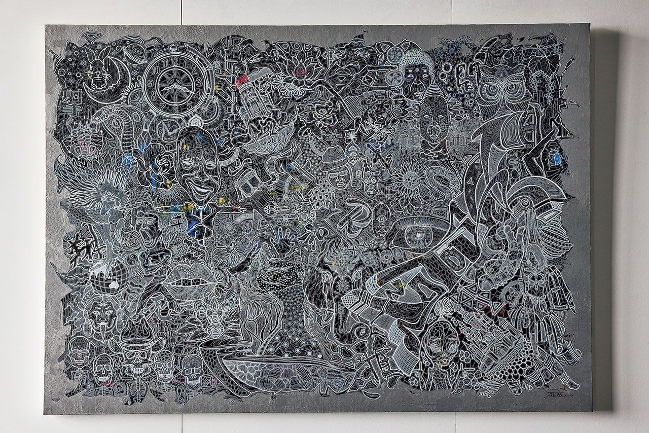 巨大細密画（FS2020　新作）  今回の作品展で初お目見えする新作の1点。2273×1620ミリの巨大なキャンバスに描かれた細密画　（C）FEESTYLE 2020 SATOSHI OHNO EXHIBITION