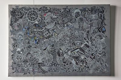 巨大細密画（FS2020　新作）今回の作品展で初お目見えする新作の1点。2273×1620ミリの巨大なキャンバスに描かれた細密画　（C）FEESTYLE 2020 SATOSHI OHNO EXHIBITION