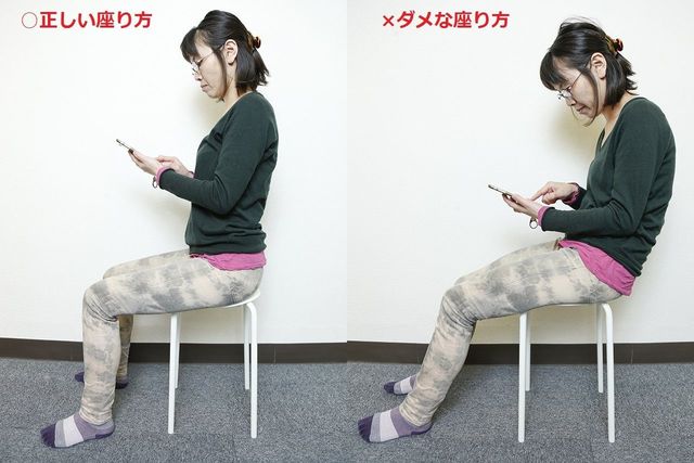 右は電車の中でよく見る光景。頭が前に出て、背中が丸まり、足を投げ出した悪い座り方。左は座骨が立ち、頭が身体の上にくる正しい座り方。自然に背すじが伸びる。ひざとつま先は正面に向けて、足は投げ出さずに床に。高いイスなら、つま先だけ床につけてもOK