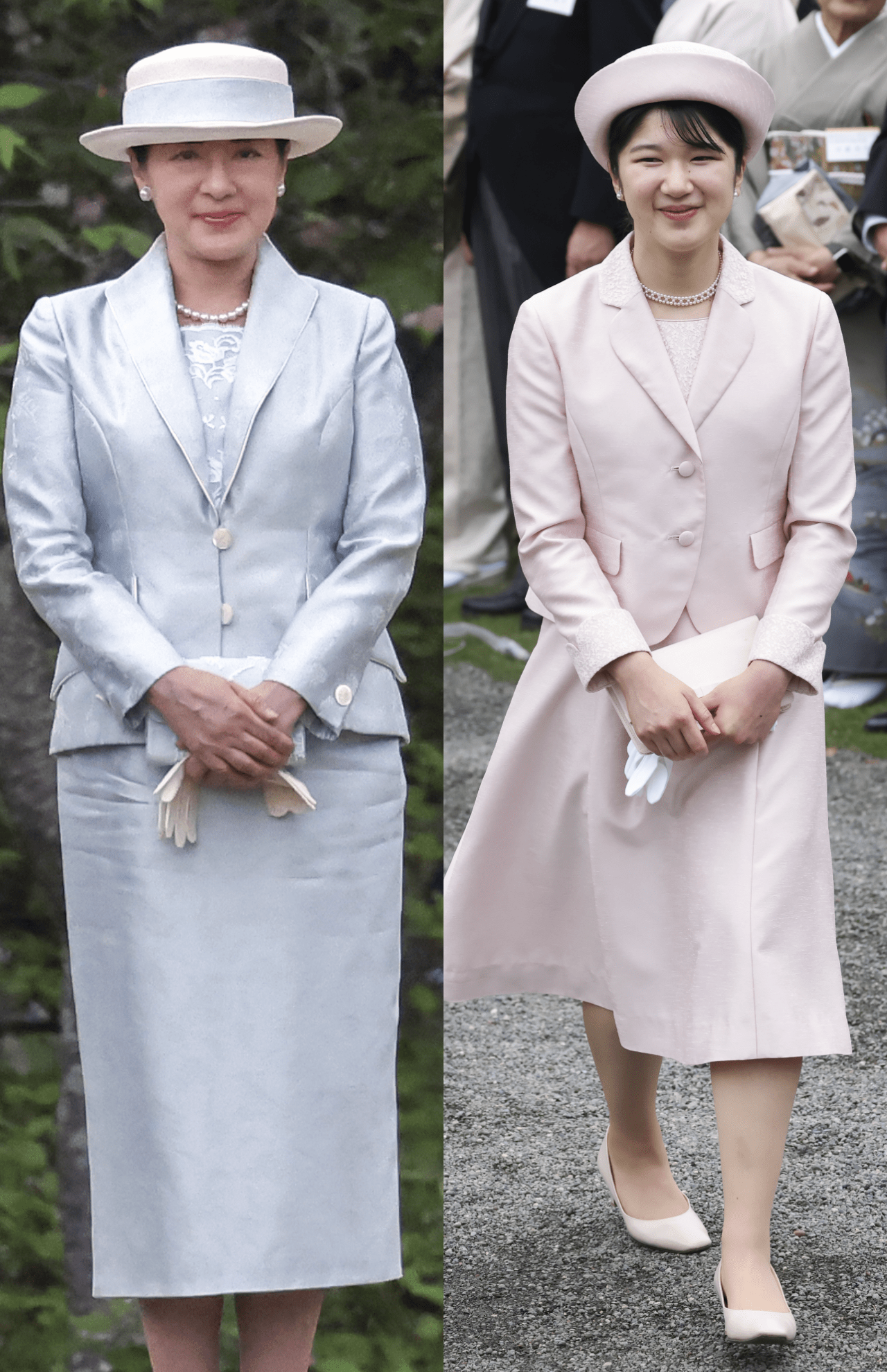 淡いピンクのセットアップで園遊会デビューされた愛子さま。レースをあしらったインナーやパールのアクセサリーなど、細部に忍ばせた、さりげないリンクコーデがかわいらしい