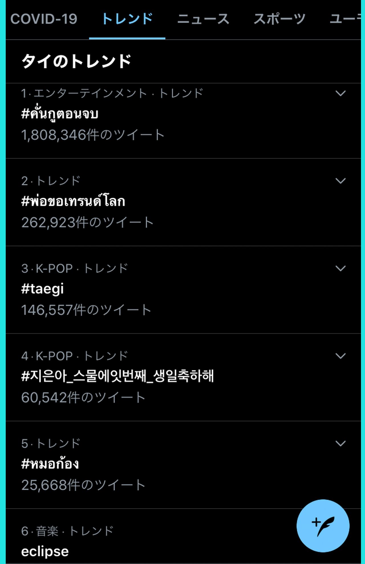 『2gether』の最終回終了直後、ツイッターのトレンド上位は作品関連のタイ語のタグが占めた