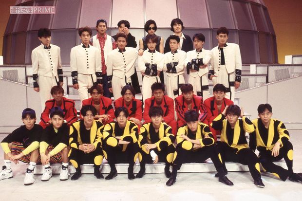 1993年5月、NHK『アイドルオンステージ』収録にて。上から男闘呼組、光GENJI、SMAP、KinKi KidsとTOKIO。元メンバーの小島啓の姿も
