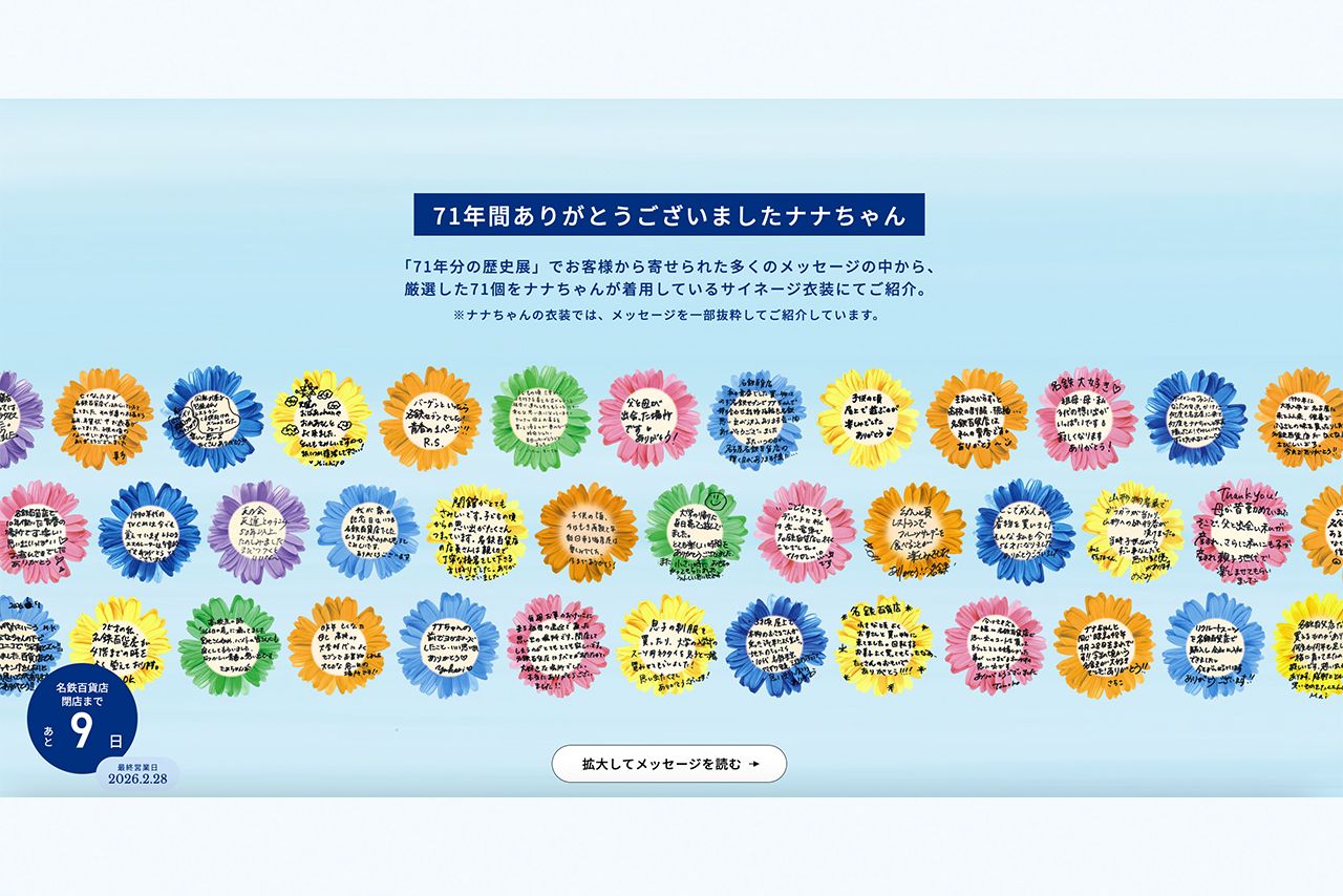 「71年分の歴史展」で寄せられた中から、ナナちゃんが着用しているサイネージ衣装にて紹介している厳選した71個のメッセージ（名鉄百貨店公式サイトより）