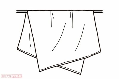 アイテム別干し方のコツ「シーツ→斜め干し」（イラスト／二階堂ちはる）