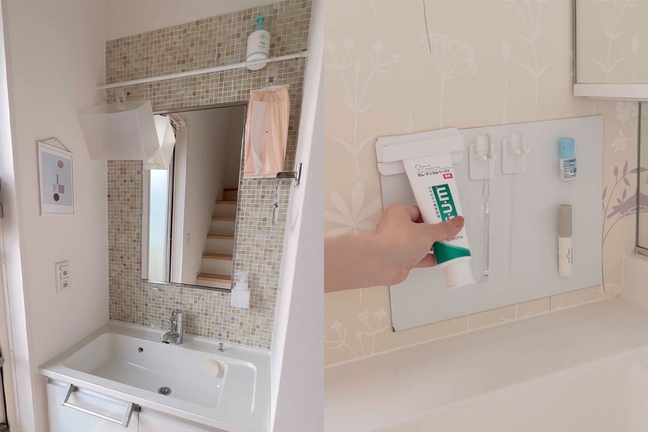 歯磨き粉と歯ブラシ、他に洗面台で使用する目薬なども浮かせて収納