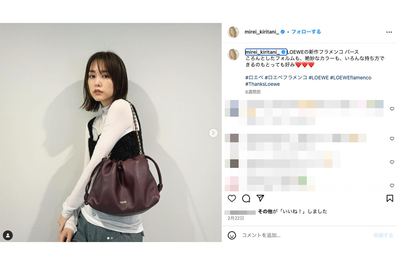 高級ブランドバッグを持つ桐谷美玲（公式インスタグラムより）