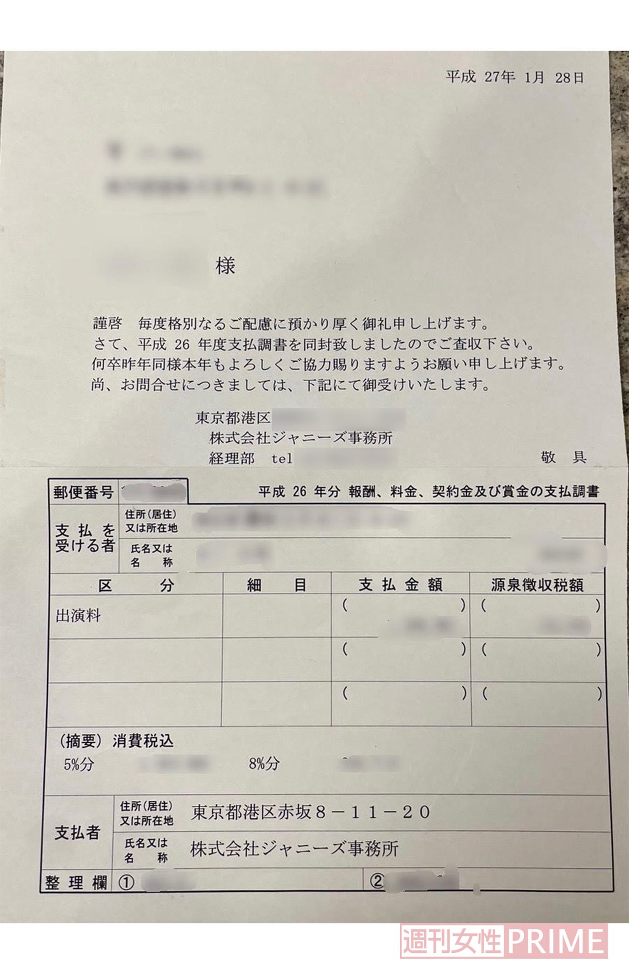 在籍時に事務所から送られていた、元ジャニーズJr.の支払調書（画像は一部加工）