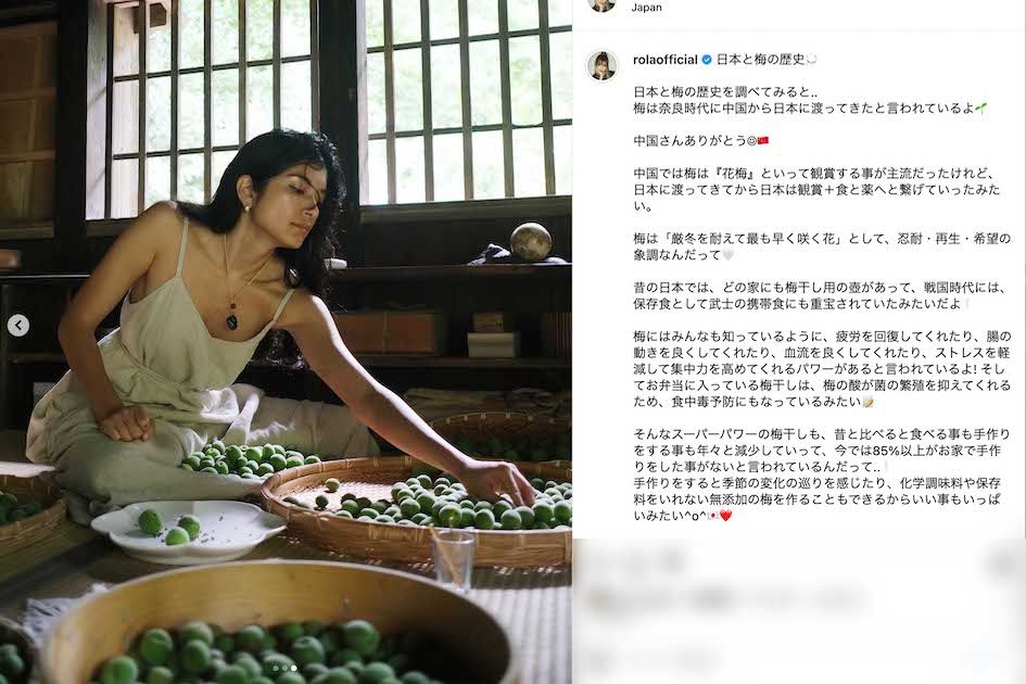 真剣な表情で梅干しづくりの作業をしているローラ。《中国さんありがとう》と梅の歴史についても綴っている（本人のインスタグラムより）