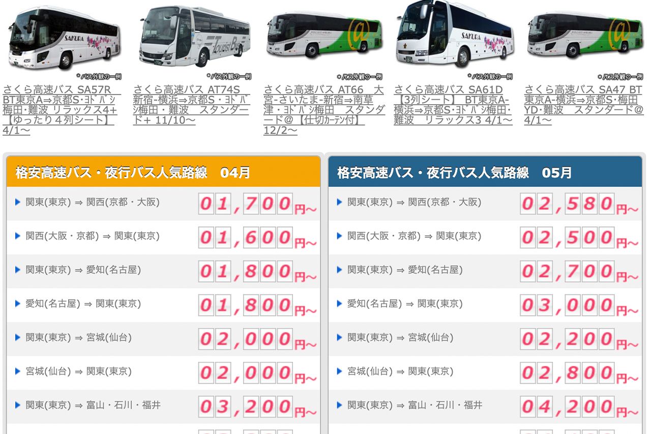 価格破壊と話題のさくら交通の4月の高速バス価格（公式サイトより）