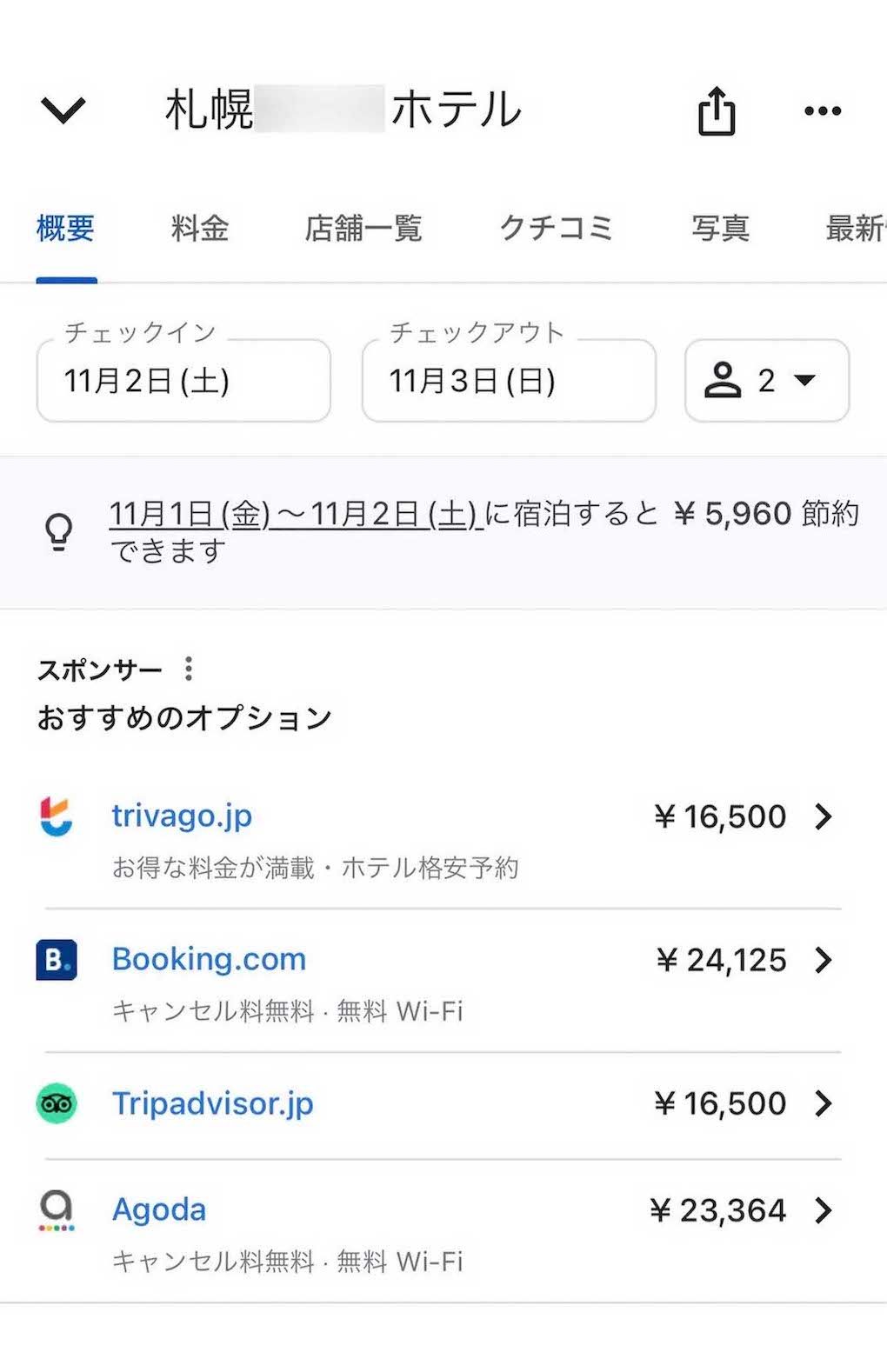 あるホテルでは、11月2日〜3日の宿泊代は11月9日〜10日と比べて10万円ほども安い（検索サイトより）