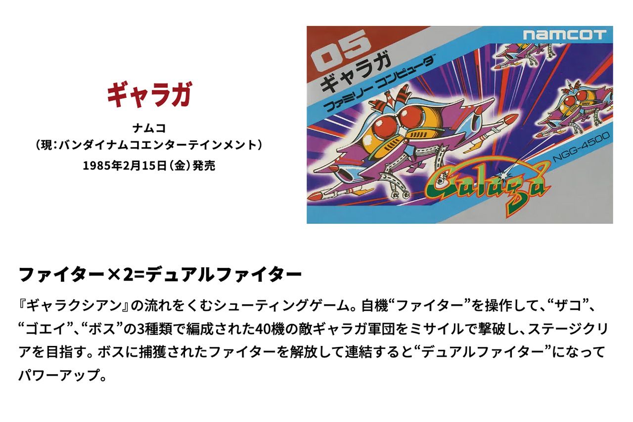 1985年3月14日発売のファミコンソフト『ギャラガ』（任天堂HPより）