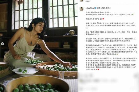 真剣な表情で梅干し作りの作業をしているローラ。《中国さんありがとう》と梅の歴史についても綴っている（本人のインスタグラムより）