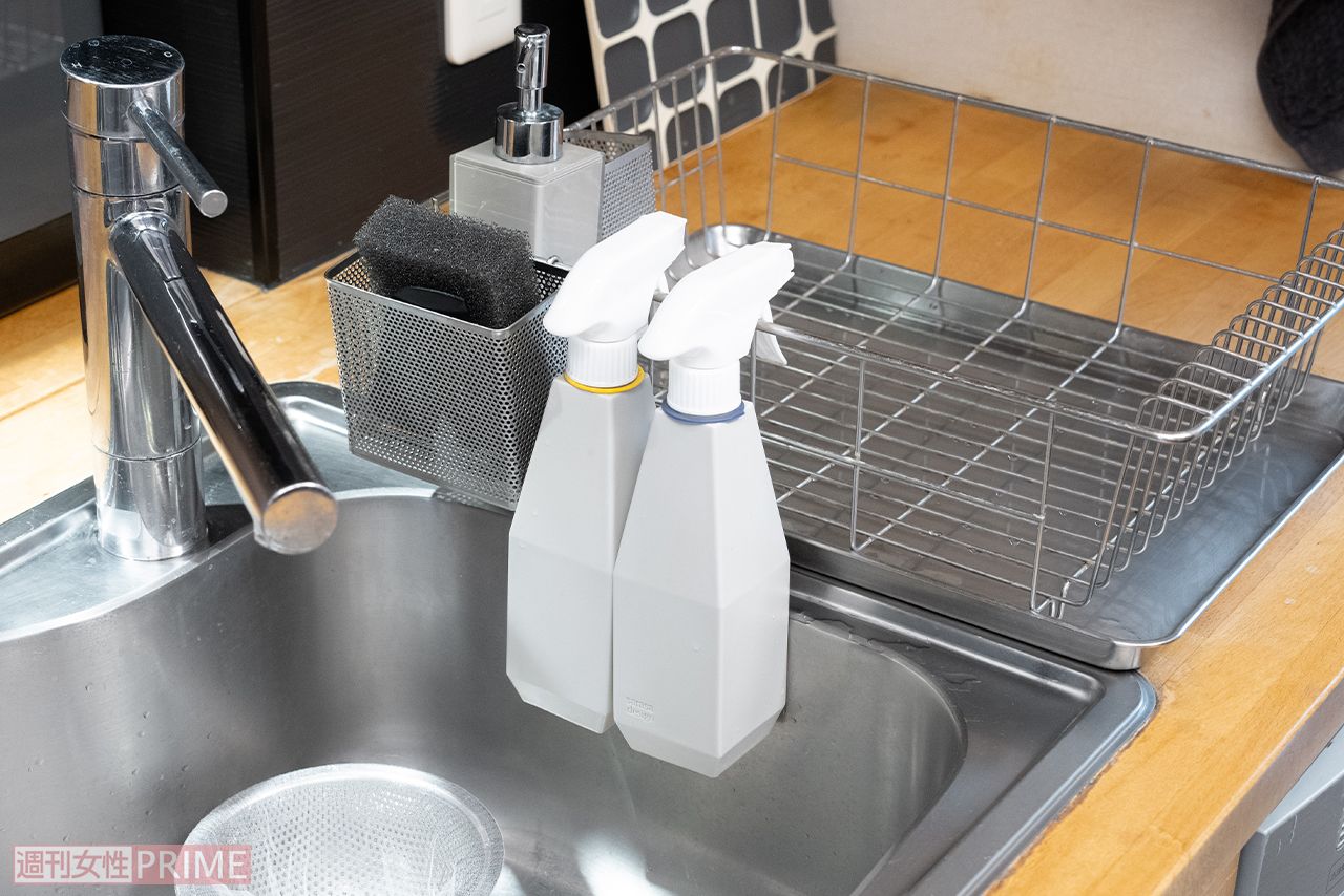 水切りカゴに洗剤等をまとめると、洗剤トレーを洗う手間も不要。洗剤の種類を減らし、キッチン以外の掃除にも活用　撮影／伊藤和幸