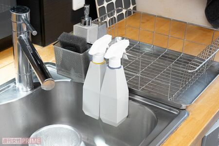 水切りカゴに洗剤等をまとめると、洗剤トレーを洗う手間も不要。洗剤の種類を減らし、キッチン以外の掃除にも活用　撮影／伊藤和幸