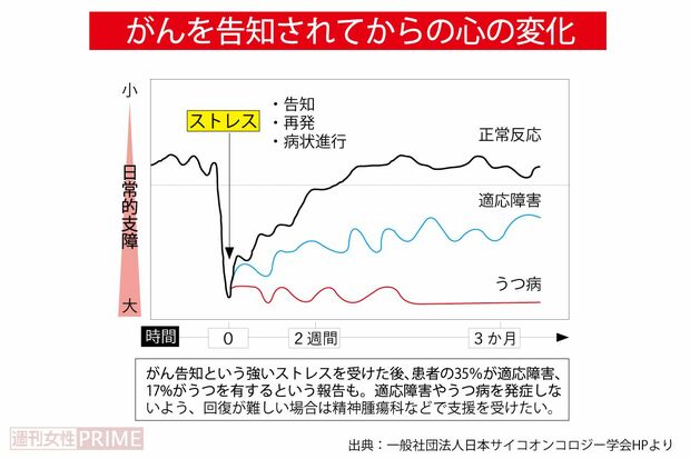 がん告知後の心の変化グラフ（出典：一般社団法人日本サイコオンコロジー学会HPより）