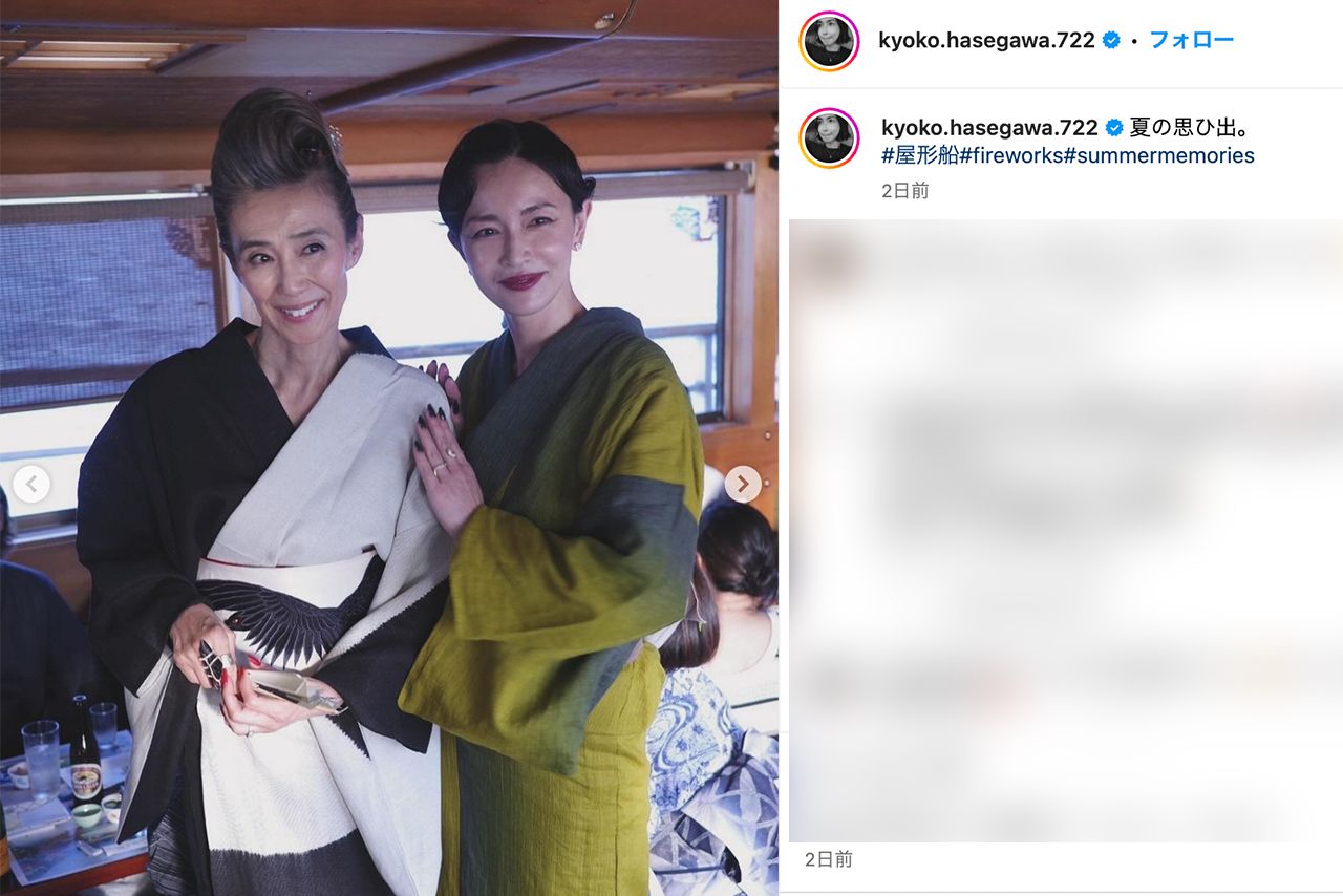 萬田久子とのツーショットをよく見ると長谷川京子の左薬指にはリングが光っていた（長谷川のインスタグラムより）