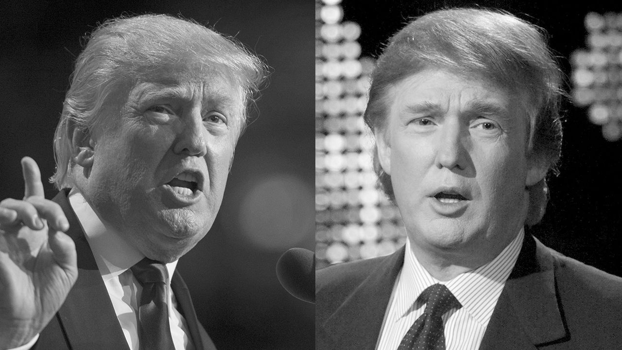 いまのトランプ氏(左)はかつての姿(右)と比べて毒々しい表情に