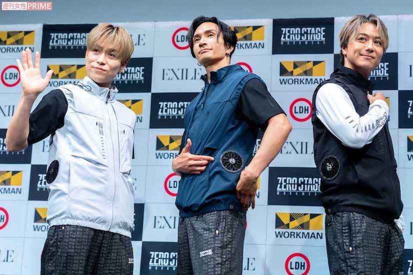 ワークマンと作業服ブランド「ZERO-STAGE（ゼロステージ）」をコラボレーション展開するEXILEの左からTETSUYA、橘ケンチ、TAKAHIRO