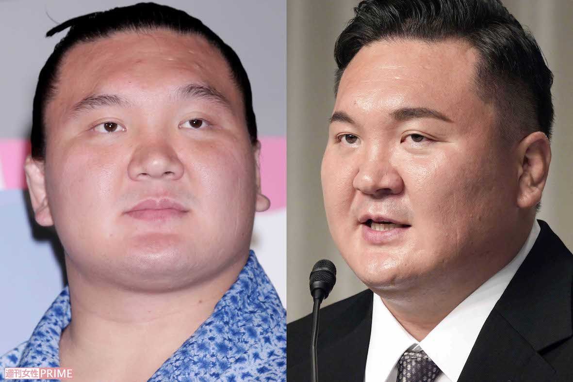 現役時代の白鵬（左）と、6月9日に日本相撲協会からの退職会見を開いた白鵬（右）。眉毛がクッキリと激変している　会見写真/共同通信社