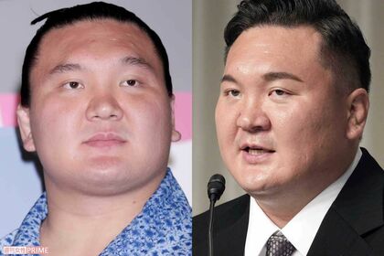 現役時代の白鵬（左）と、6月9日に日本相撲協会からの退職会見を開いた白鵬（右）。眉毛がクッキリと激変している　会見写真/共同通信社