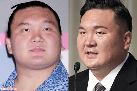 現役時代の白鵬（左）と、6月9日に日本相撲協会からの退職会見を開いた白鵬（右）。眉毛がクッキリと激変している　会見写真/共同通信社